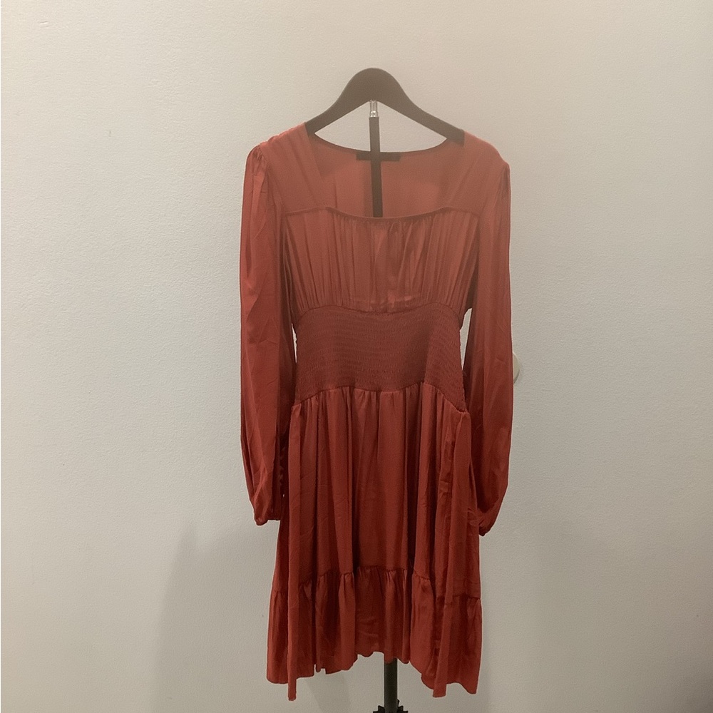 Women's Long Sleeve Red Tiered Smocked Waist Dress